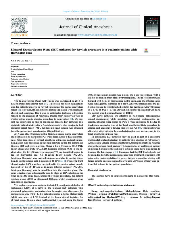 (PDF) Bilateral Erector Spinae Plane (ESP) catheters for Ravitch ...