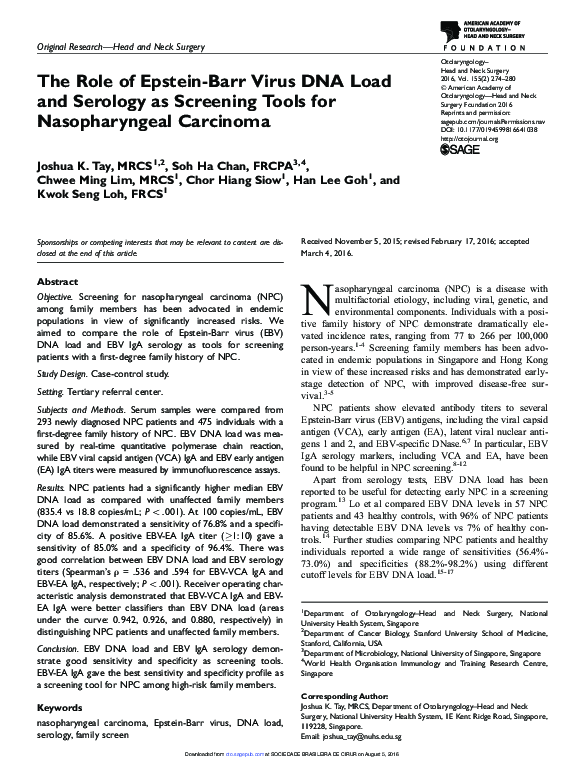 (PDF) The Role of Epstein-Barr Virus DNA Load and Serology as Screening ...