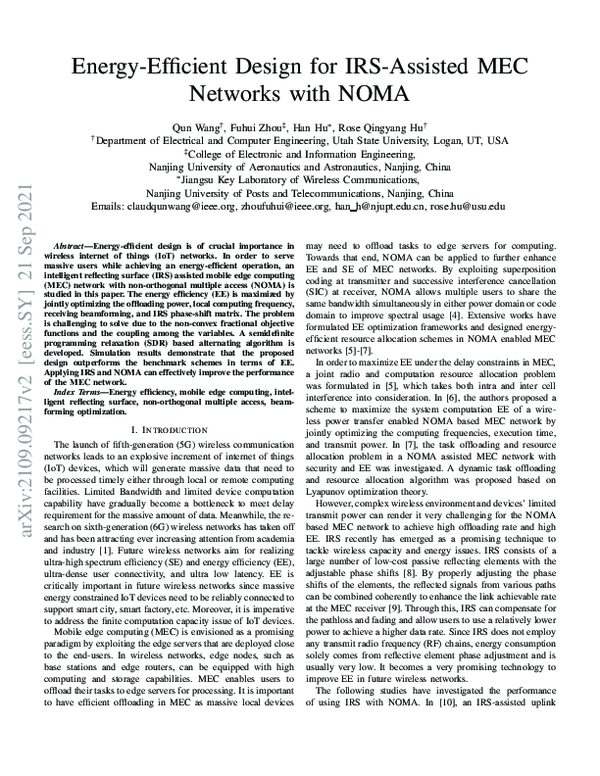 (PDF) Energy-Efficient Design for IRS-Assisted MEC Networks with NOMA