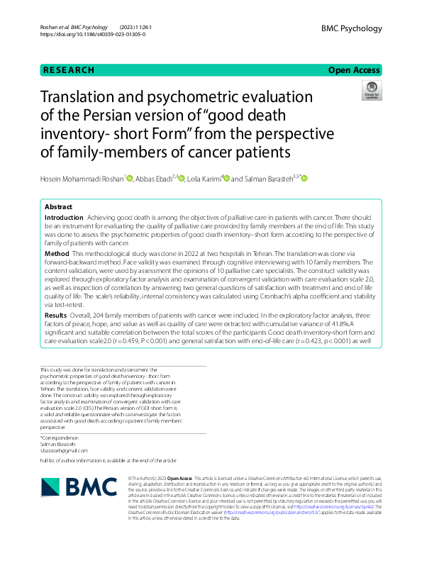 (PDF) Translation and psychometric evaluation of the Persian version of ...
