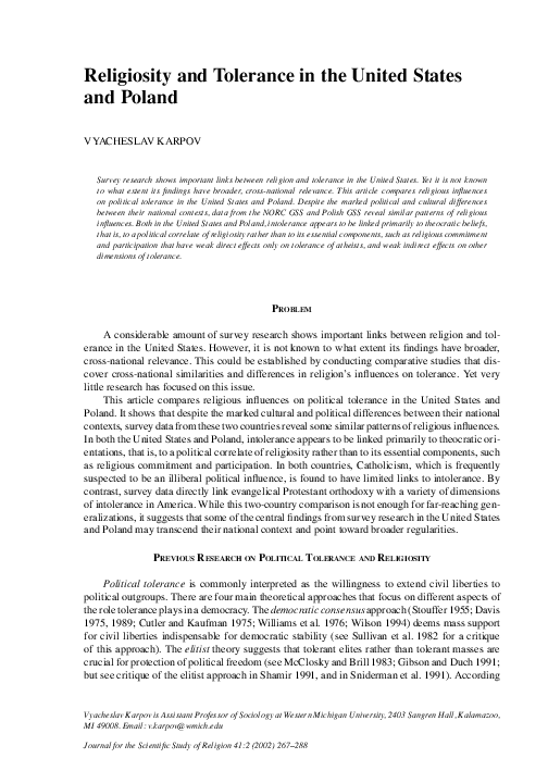 (PDF) Religiosity and Tolerance in the United States and Poland