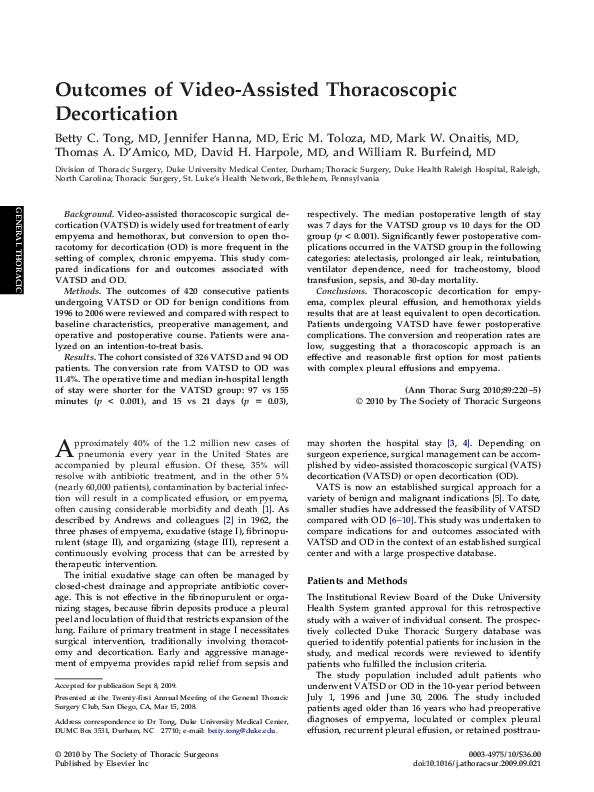 (PDF) Outcomes of video-assisted thoracoscopic decortication