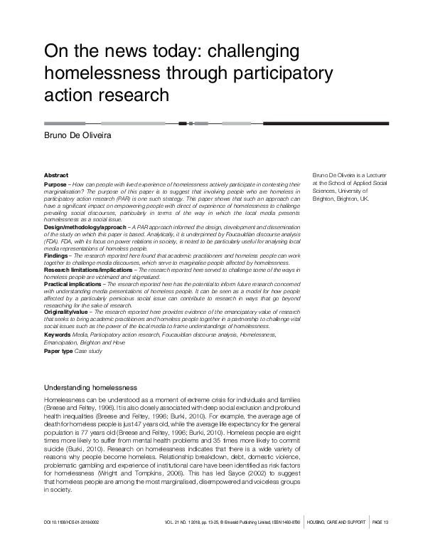 (PDF) On the news today: challenging homelessness through participatory ...