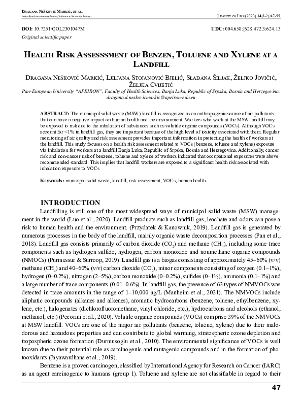 (PDF) Health Risk Assesssment of Benzen, Toluene and Xylene at a Landfill