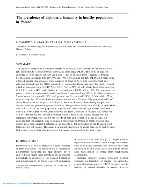 (PDF) The prevalence of diphtheria immunity in healthy population in Poland