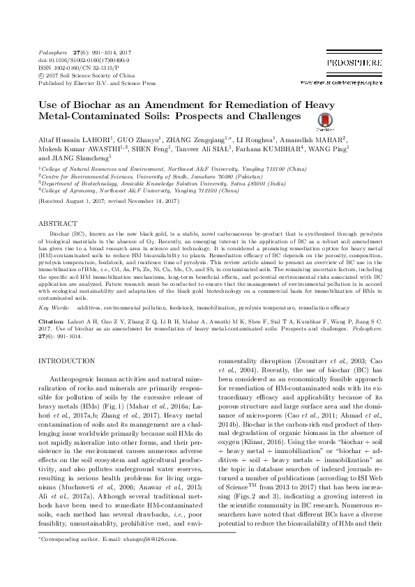 (PDF) Use of Biochar as an Amendment for Remediation of Heavy Metal ...