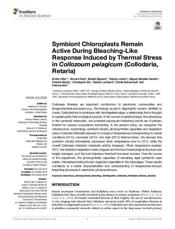 (PDF) Symbiont Chloroplasts Remain Active During Bleaching-Like ...