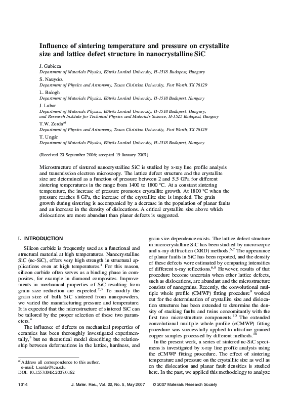 (PDF) Influence of sintering temperature and pressure on crystallite ...