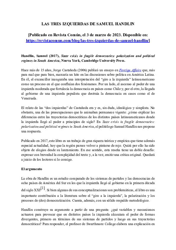 (PDF) LAS TRES IZQUIERDAS DE SAMUEL HANDLIN