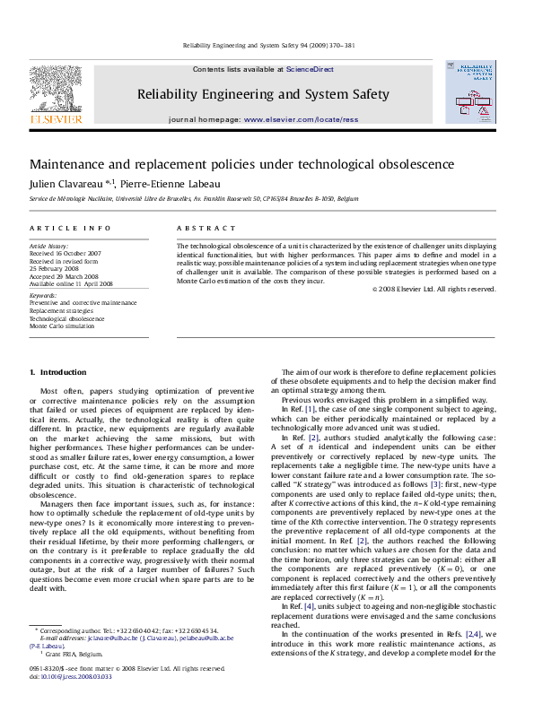 (PDF) Maintenance and replacement policies under technological obsolescence
