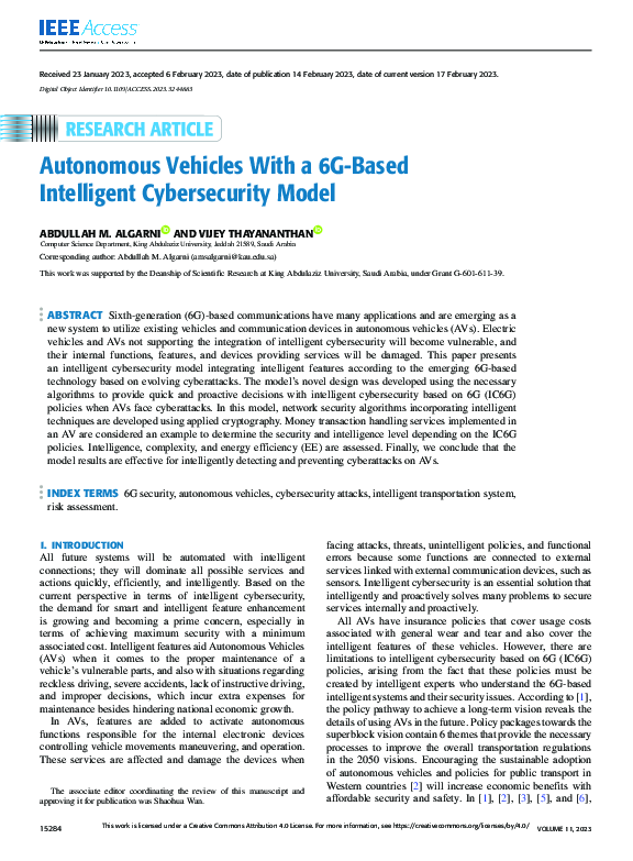 (PDF) Autonomous Vehicles With a 6G-Based Intelligent Cybersecurity Model