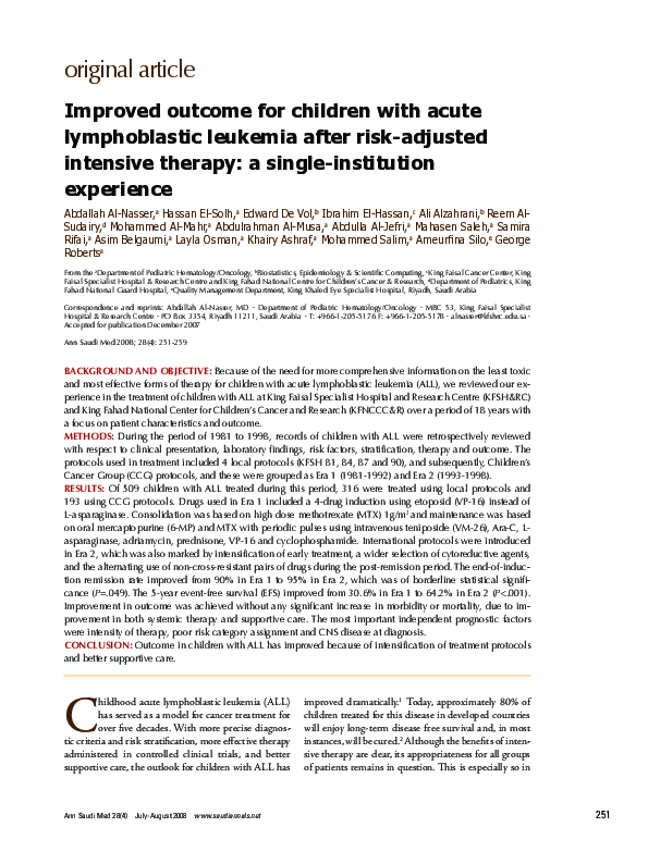 (PDF) Improved outcome for children with acute lymphoblastic leukemia ...