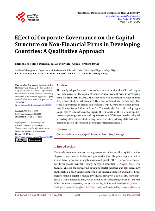 (PDF) Effect of corporate governance on the capital structure on non ...