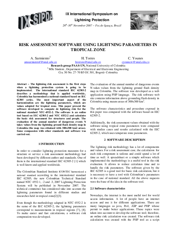 (PDF) Risk Assessment Software Using Lightning Parameters in Tropical Zone