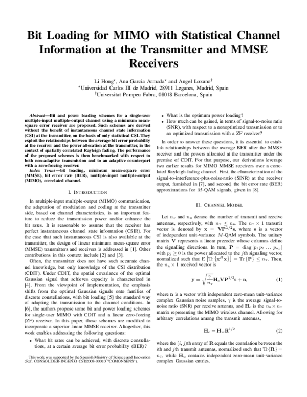 (PDF) Bit loading for MIMO with statistical channel information at the ...