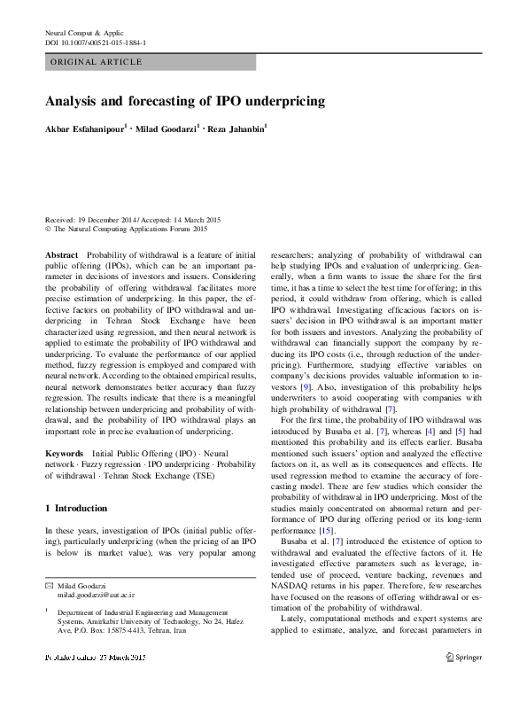 (PDF) Analysis and forecasting of IPO underpricing