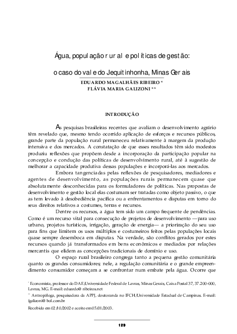 Água, população rural e políticas de gestão: o caso do vale do Jequitinhonha, Minas Gerais