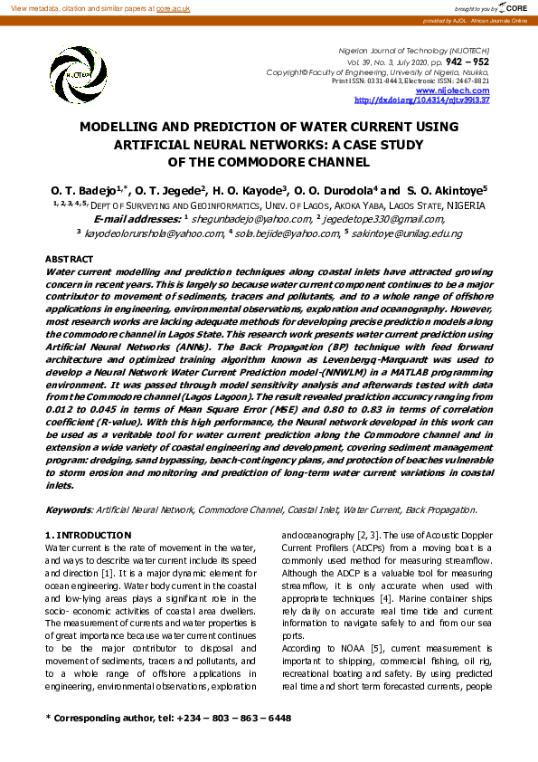 (PDF) Modelling and prediction of water current using artificial neural ...