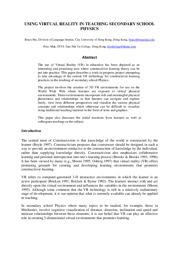 (PDF) Using Virtual Reality in Teaching Secondary School Physics