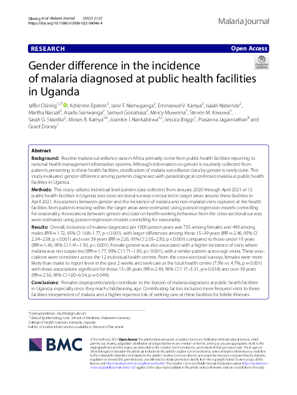 (PDF) Gender difference in the incidence of malaria diagnosed at public ...