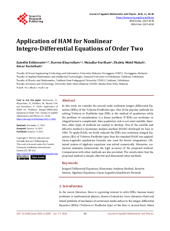 (PDF) Application of HAM for Nonlinear Integro-Differential Equations ...
