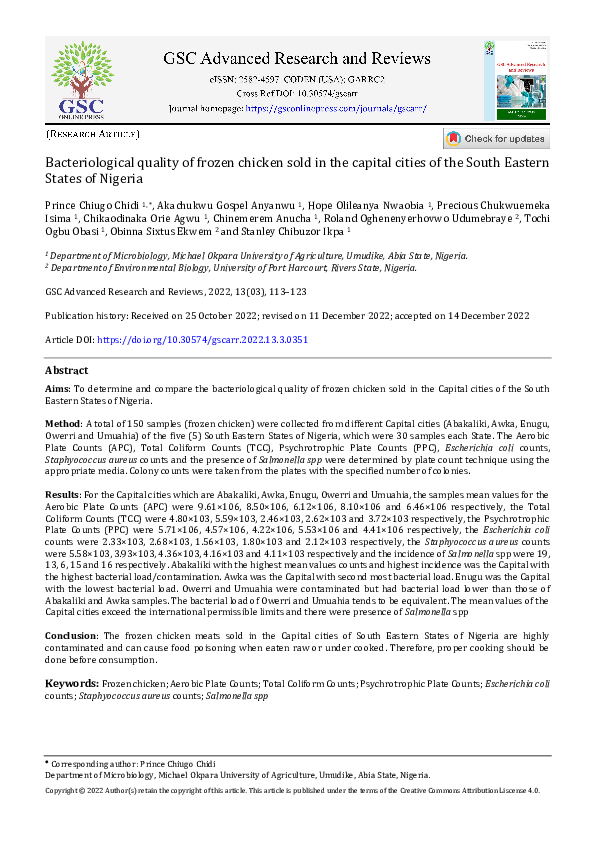 (PDF) Bacteriological quality of frozen chicken sold in the capital