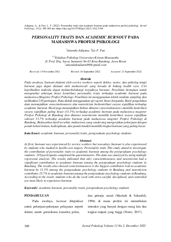 (PDF) Personality Traits Dan Academic Burnout Pada Mahasiswa Profesi ...