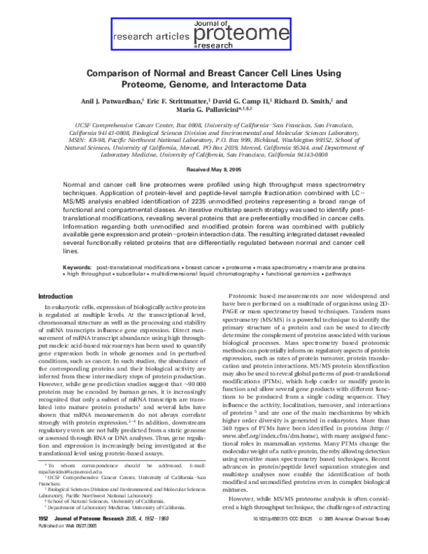 (PDF) Comparison of Normal and Breast Cancer Cell Lines Using Proteome ...