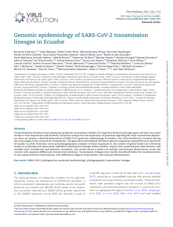 (PDF) Genomic epidemiology of SARS-CoV-2 transmission lineages in Ecuador