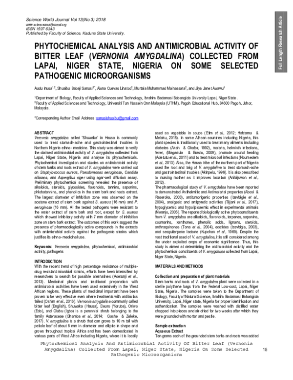(PDF) PHYTOCHEMICAL ANALYSIS AND ANTIMICROBIAL ACTIVITY OF BITTER LEAF ...