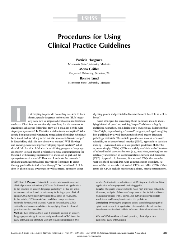 (PDF) Procedures for Using Clinical Practice Guidelines