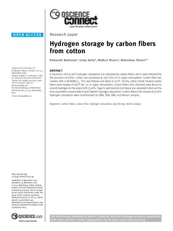 (PDF) Hydrogen storage by carbon fibers from cotton
