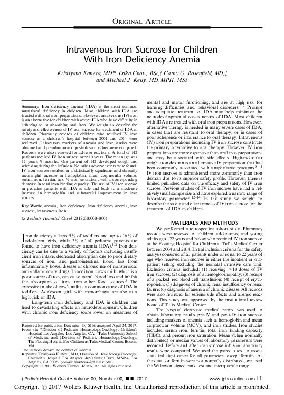 (PDF) Intravenous iron sucrose for children with iron deficiency anemia ...