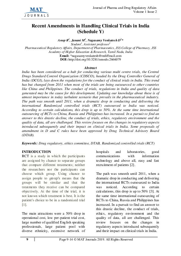 (PDF) Recent Amendments in Handling Clinical Trials in India (Schedule Y)