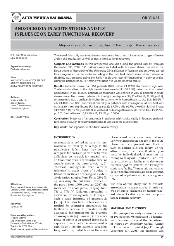 (PDF) Anosognosia in acute stroke and functional recovery after stroke