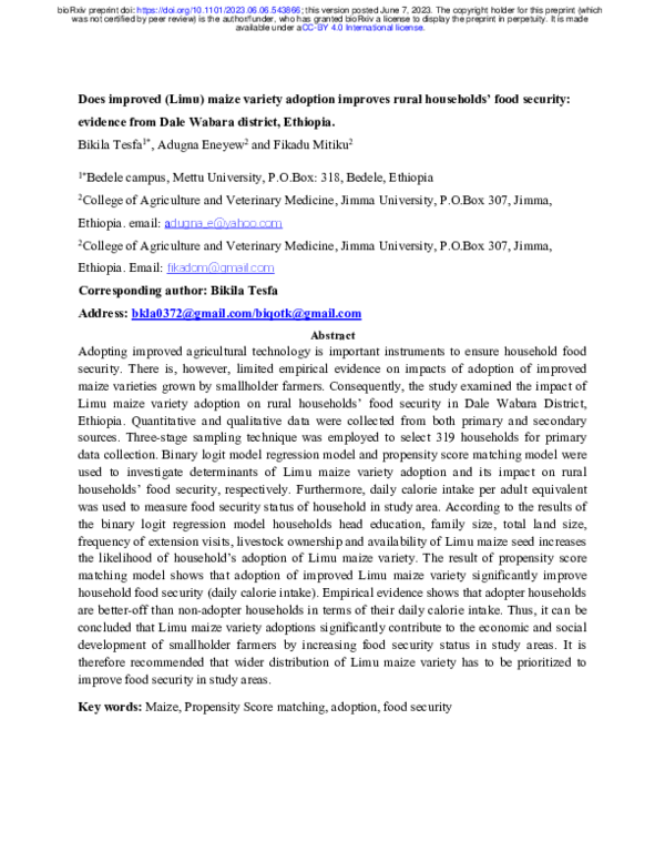 (PDF) Does improved (Limu) maize variety adoption improves rural ...