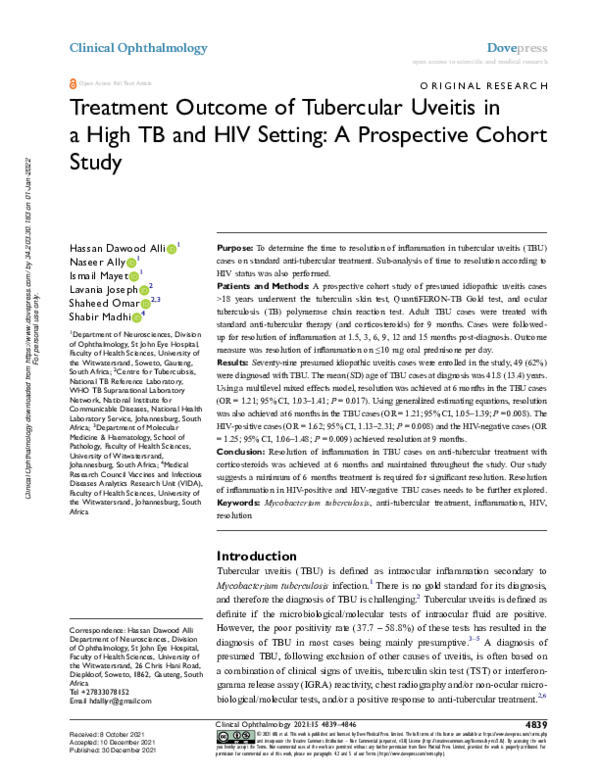 (PDF) Treatment Outcome of Tubercular Uveitis in a High TB and HIV ...