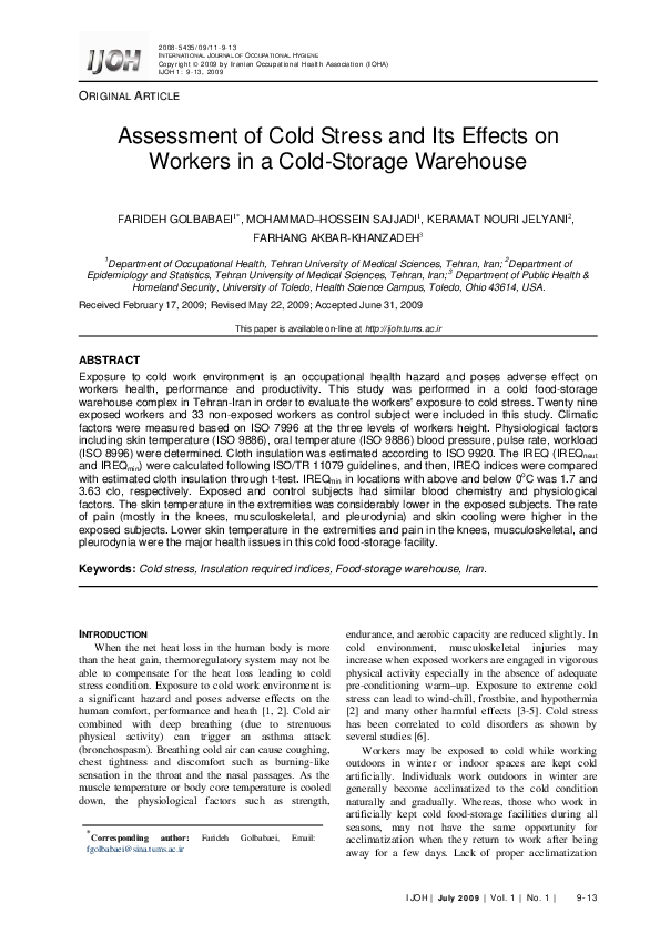 (PDF) Assessment of Cold Stress and Its Effects on Workers in a Cold ...