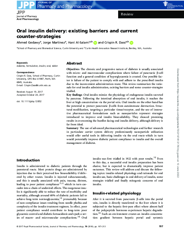 (PDF) Oral insulin delivery: existing barriers and current counter ...