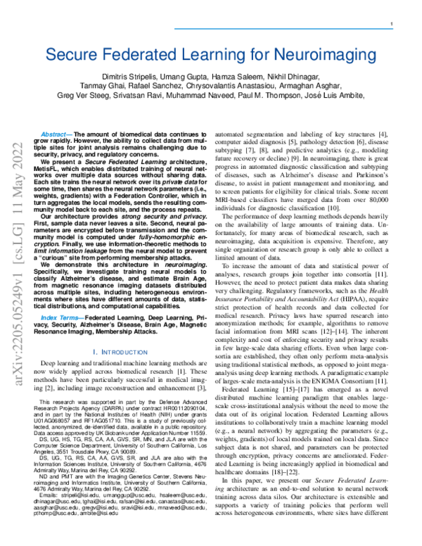 (PDF) Secure Federated Learning for Neuroimaging