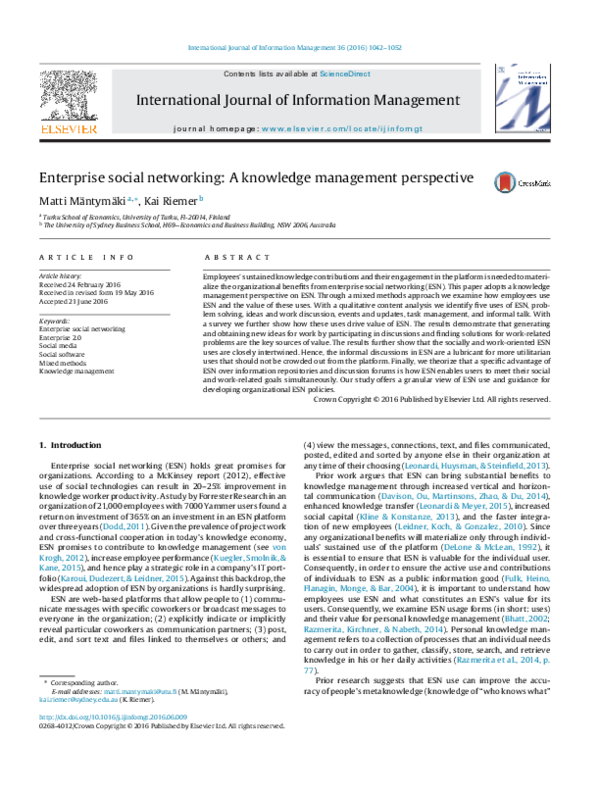 (PDF) Enterprise social networking: A knowledge management perspective