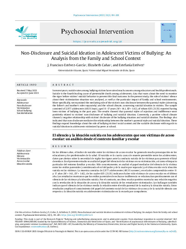 (PDF) Non-Disclosure and Suicidal Ideation in Adolescent Victims of ...