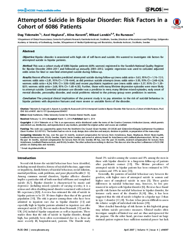 (PDF) Attempted Suicide in Bipolar Disorder: Risk Factors in a Cohort ...