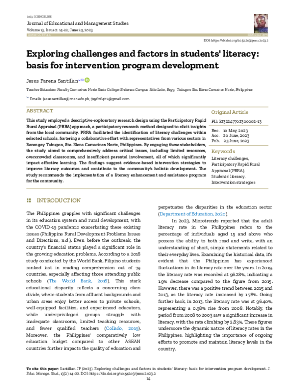 (PDF) Exploring challenges and factors in students' literacy: basis for ...