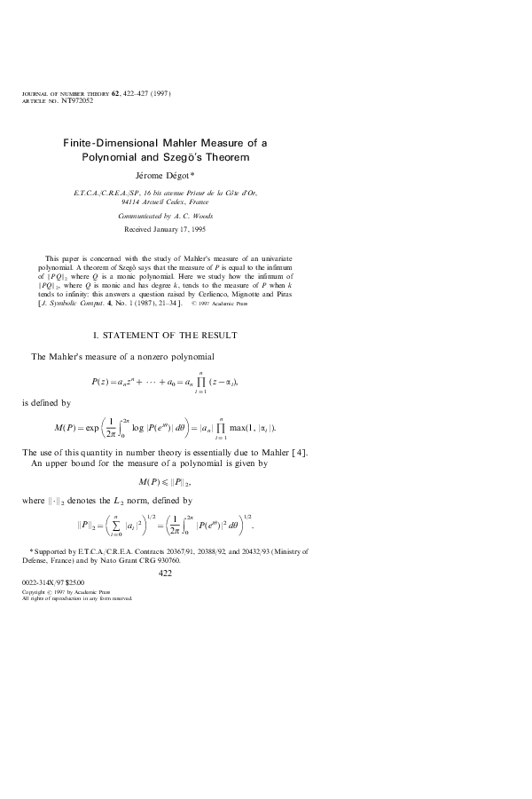 (PDF) Finite-Dimensional Mahler Measure of a Polynomial and Szegö's Theorem