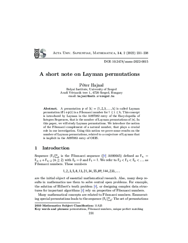 (PDF) A short note on Layman permutations