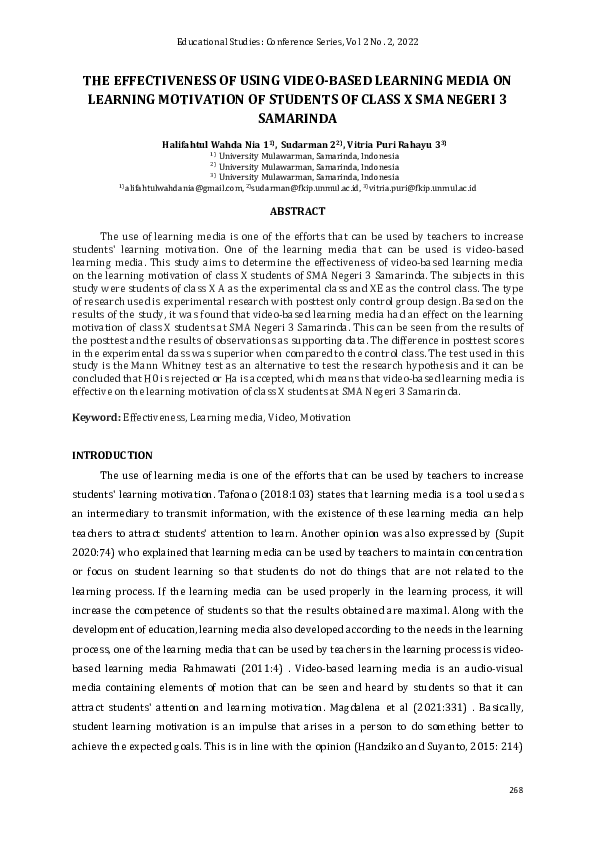 (PDF) The Effectiveness of Using Video-Based Learning Media on Learning ...