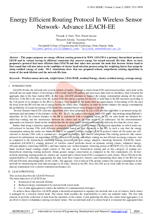 (PDF) Energy Efficent Routing Protocol in WSN - Advance LEACH-EE