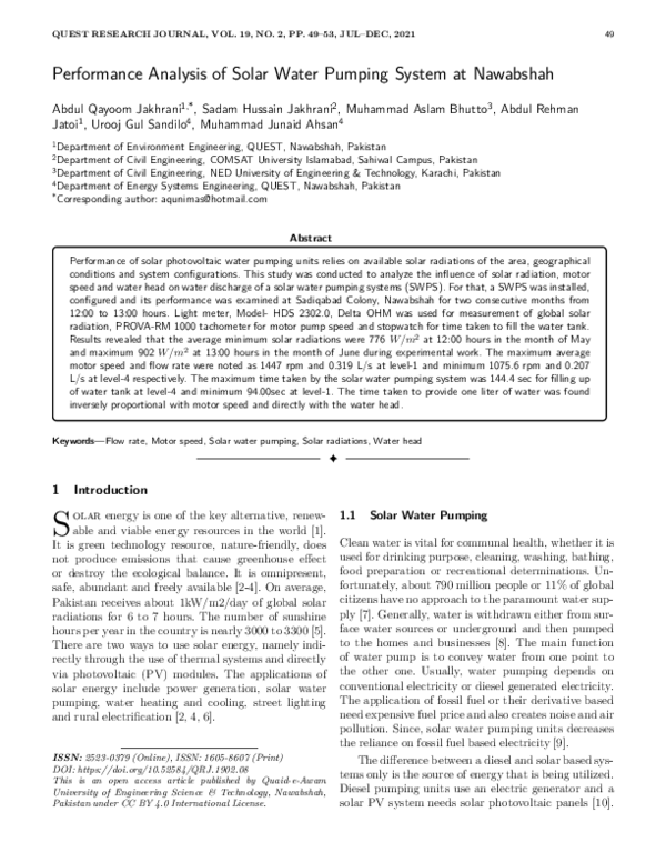 (PDF) Performance Analysis of Solar Water Pumping System at Nawabshah