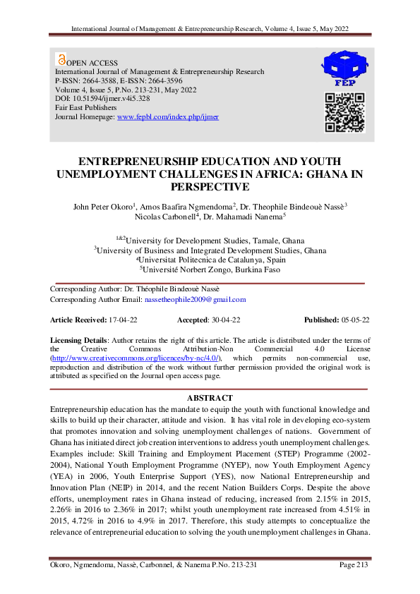 (PDF) Entrepreneurship Education and Youth Unemployment Challenges in ...